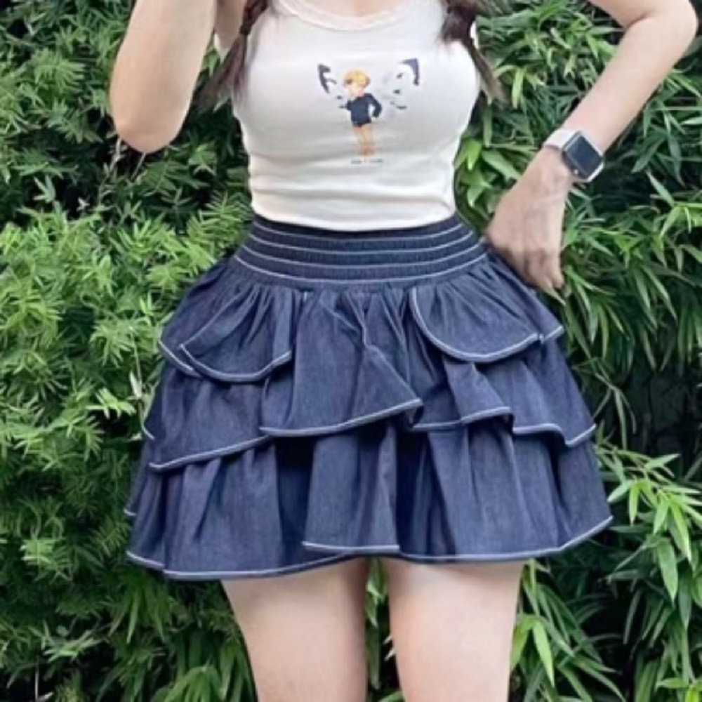 Japanese Y2K Kawaii Ruffle Tiered Layered Navy Blue Denim Mini Skirt